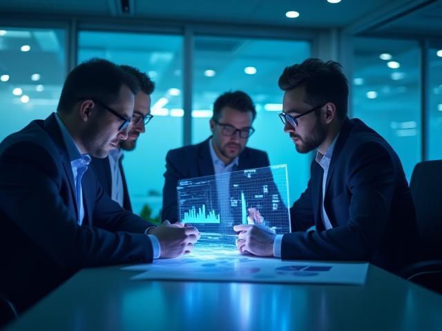 Imagen profesional de consultores estratégicos trabajando con gráficos y análisis, con superposición de color secundario azul grisáceo